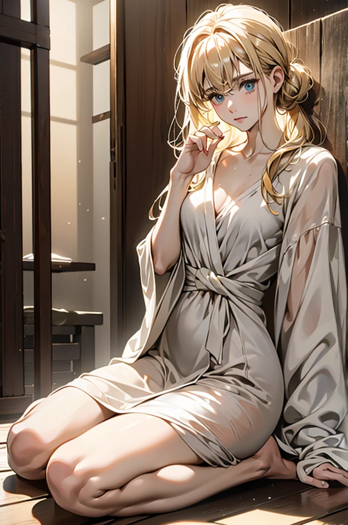 NFSW、42 year old married woman after taking a bath、the whole body is wet、Her straight golden hair is tied up.、The nape of the neck is exposed、sitting with legs apart、sitting on the floor with one knee up、Turn your head away and look at the floor、Relieved and calm expression、She wears a revealing robe with the front part exposed.、immoral background、dimly lit room、