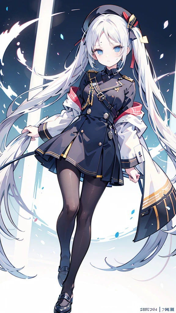 God Work Illustration,anime style,Forehead showing, twintail hair, white hair, blue eyes,Military police uniform and beret, long whip in hand, contemptuous expression,
black pantyhose,beret,yo and 120cm,forehead,