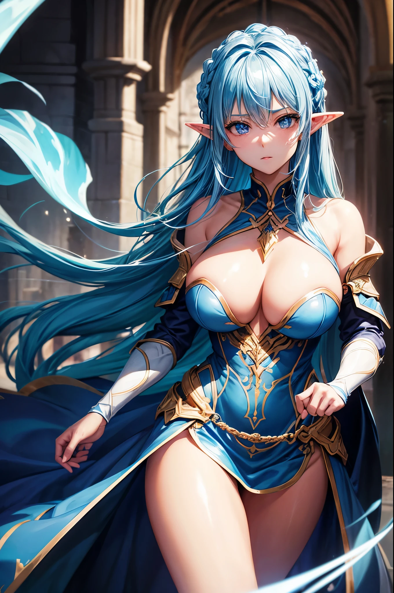 8k、A dark elf paladin in gorgeous blue and white chest armor..、Super Beauty(Realistic)、Tan Skin、Elf Ears、Model Chute Style、(非常にdetailedなCGユニティ8k壁紙)、Full body photos of the most beautiful works of art in the world、Front 4 poses、Blue Hair、Gorgeous blue and white long combat skirt、diamond、Medieval architecture、It was a hot topic on Art Station.、CG Trends、detailed、Every detail、Sharp focus、very, very big breasts、blue eyes、audience、Beautiful expression、Accentuate your cleavage、Beautiful decoration、very大きな笑顔、make、Inside the cave、Tan Skin、Beautiful Blue Hair,Rich colors、Backlight、Cinema Lighting、Film Grain、50mm lens、Nikon D850、Ultra-high resolution、Ultra-realistic、Dynamic fighting pose、In a dark dungeon、compensate,He has a light blue and silver sword,Tan Skin,very, very big breasts,Holy Knight,Russian women,Very large breasts,Blue and white long combat skirt,青と白のVery large breastsのセクシーなプレートの胸鎧(Precise flame work),