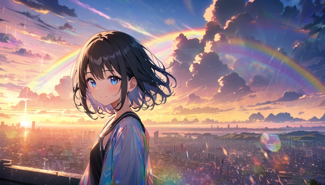 Angelic, beautiful 1girl, solo, gentle smile on her face flat chest, short hair, black hair, beautiful blue eyes, detailed woman, sunrise, rainbow, after the rain, horizon, in the sky, city , lens flare, colorful, high-res, 8K