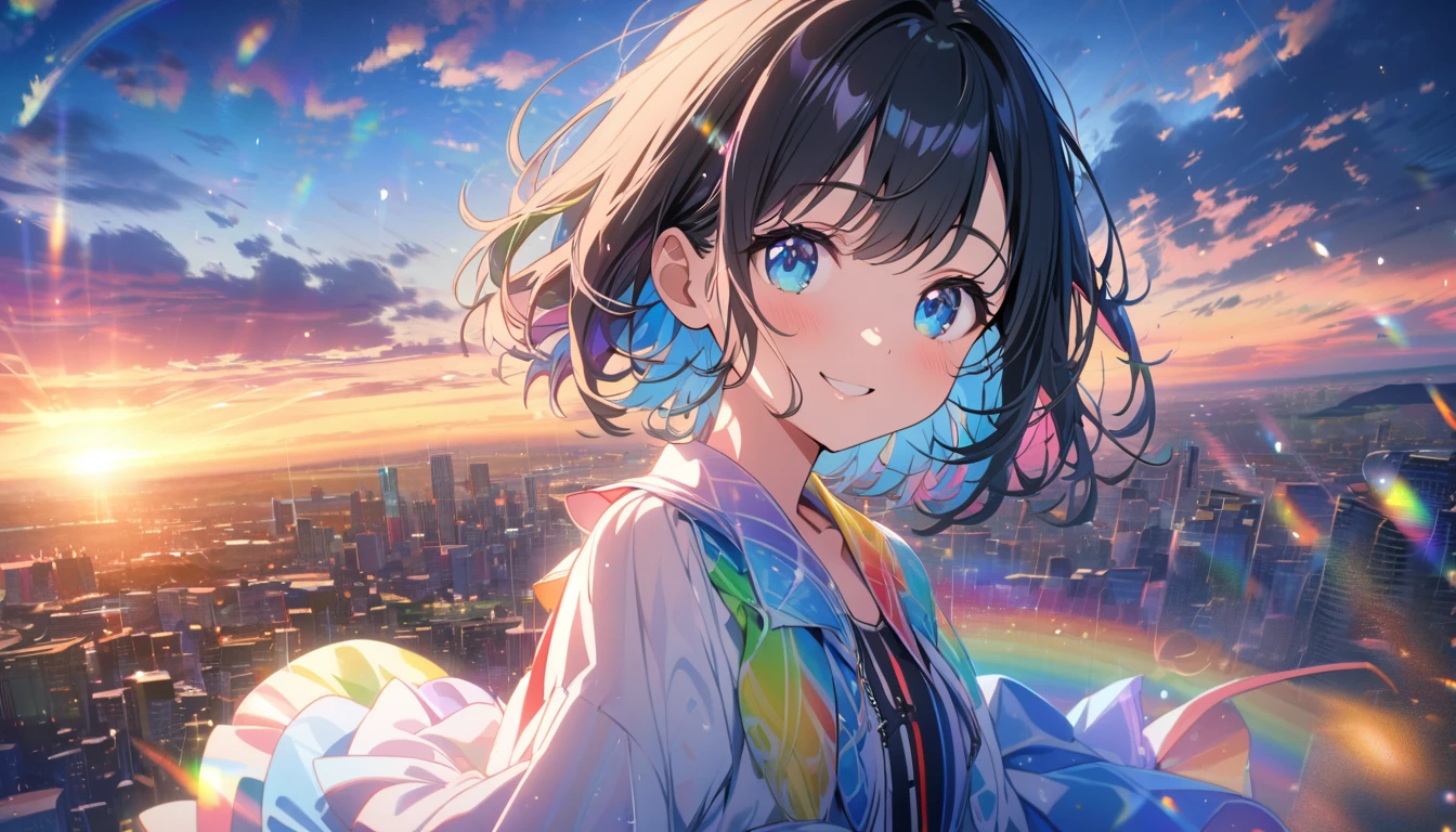 Angelic, beautiful 1girl, solo, gentle smile on her face flat chest, short hair, black hair, beautiful blue eyes, detailed woman, sunrise, rainbow, after the rain, horizon, in the sky, city , lens flare, colorful, high-res, 8K