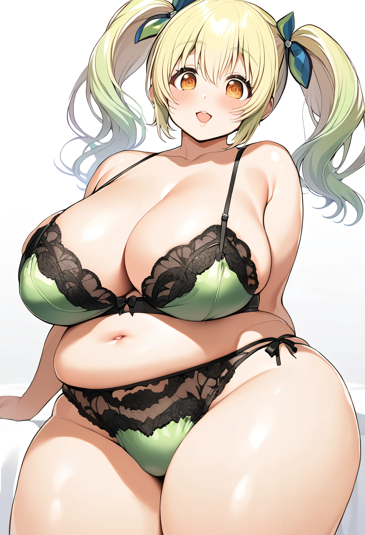 (Super Pochaco:1.5), plump (blonde) with thick thighs, pigtails, big beautiful breasts, modeling lingerie