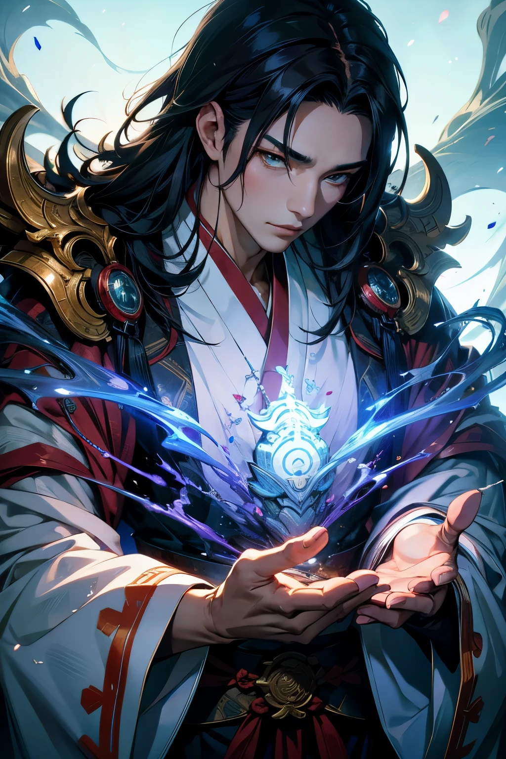 Susanoo no Mikoto,shortage々He is a great male god.。Yamabushi (mountain priest)。Upper body close-up。Wearing a white kimono。背景はshortage波です。storm,He is an attractive male god.。I have black hair。resolution,8k、masterpiece