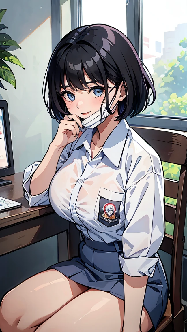 1 woman, 17 years old, (Korean Wolf Cut haircut, black hair), scared face expression, plump body, blue eyes, Indonesian high-school uniform, (wearing transparent white shirt, showing bra), osis logo on shirt pocket, huge XL breasts, light-grey pleated skirt, sitting on a chair, seductive pose, full body shot, smiling, blush, looking_at_viewer, in the classroom, (wear a mask, surgical mask fit his face, mask_pull)