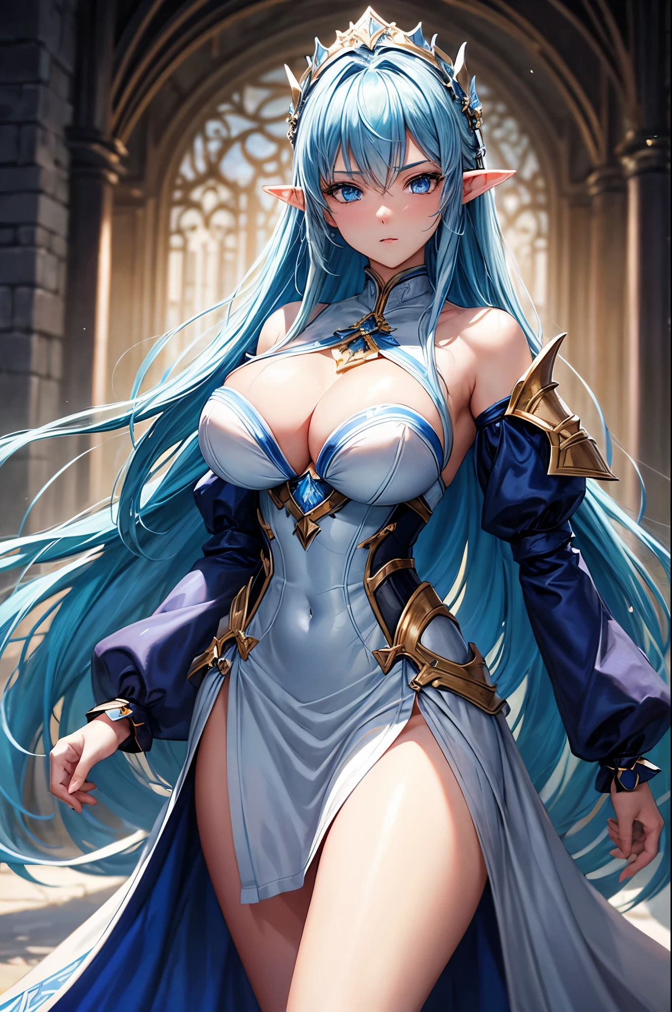 8k、A dark elf paladin in gorgeous blue and white chest armor..、Super Beauty(Realistic)、Tan Skin、Elf Ears、Model Chute Style、(非常にdetailedなCGユニティ8k壁紙)、Full body photos of the most beautiful works of art in the world、Front 4 poses、Blue Hair、Gorgeous blue and white long combat skirt、diamond、Medieval architecture、It was a hot topic on Art Station.、CG Trends、detailed、Every detail、Sharp focus、very, very big breasts、blue eyes、audience、Beautiful expression、Accentuate your cleavage、Beautiful decoration、very大きな笑顔、make、Inside the cave、Tan Skin、Beautiful Blue Hair,Rich colors、Backlight、Cinema Lighting、Film Grain、50mm lens、Nikon D850、Ultra-high resolution、Ultra-realistic、Dynamic fighting pose、In a dark dungeon、compensate,He has a light blue and silver sword,Tan Skin,very, very big breasts,Holy Knight,Russian women,Very large breasts,Blue and white long combat skirt,青と白のVery large breastsのセクシーなプレートの胸鎧(Precise flame work),
