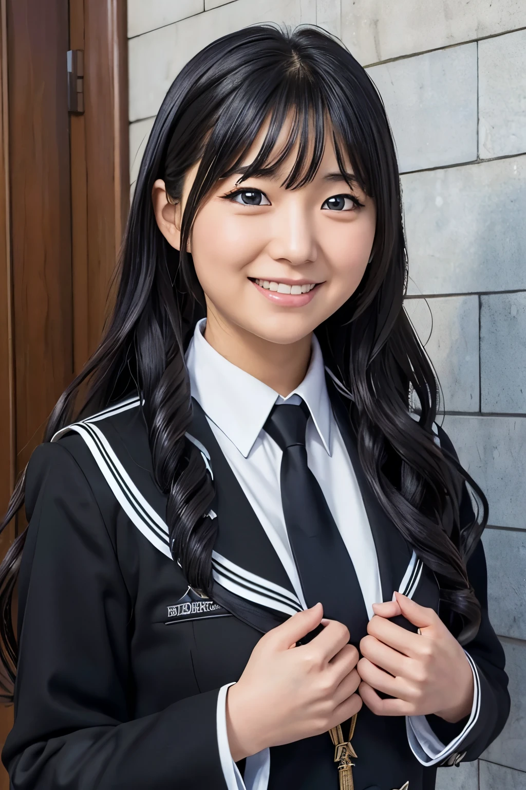 photorealistic, masterpiece, high resolution, detailed, (1 girl, rika shiraki, bible black uniform school, platinum black long wavy hair, smile), upper body portrait,  