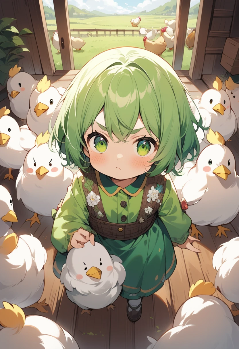 In a vibrant, sunlit barnyard scene, a female with medium green hair and green maro eyebrows stands amidst a bustling group of chickens. Her expression is pouty and slightly grumpy, with a pronounced pout and a furrowed brow that convey a mix of annoyance and curiosity. Her green eyes, wide and expressive, gaze directly at the viewer with a look of mild frustration. She is dressed in a colorful, playful outfit featuring intricate floral patterns that contrast with the natural surroundings. The chickens, scattered around her, are pecking at the ground, adding a lively dynamic to the scene. The background includes a detailed barn with wooden beams and a variety of farmyard plants. The scene is captured in high-detail with a focus on the child's expressive face and interaction with the chickens, rendered in masterpiece quality with highest detail, depth of field, and 16K resolution for a vivid and immersive visual experience.
masterpiece, highest_quality, depth_of_field, C4D, 16K, anime, medium_green_hair, green_maro_eyebrows, pouty_expression, grumpy_child, jitome, frown, green_eyes, chickens, barnyard_background, colorful_outfit, floral_patterns, playful_chickens, high_detail, close_up, sunlit_scene, wooden_beams