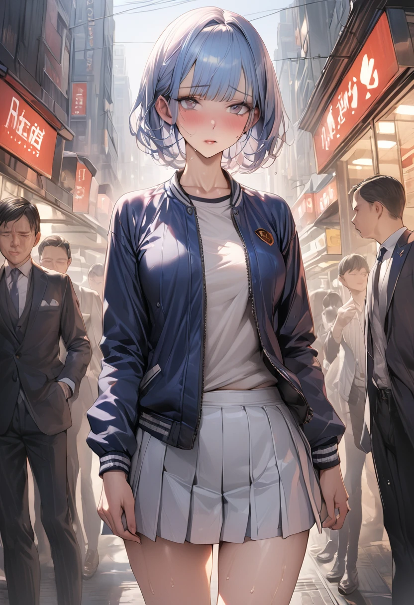 ((masterpiece,Highest quality:1.3,best quality illustration)),(realistic),cowboy shot,独奏,1woman,(Mature Beauty),light blue hair,short hair,bangs,gray eyes,(gorgeous eyes),((very small head)),shy,((very long body,skinny)),medium breasts,((Navy blue baseball jacket、White pleated mini skirt)),gleaming skin,oily skin,slender body,sweat,standing,on street,Shibuya Station、nsfw,