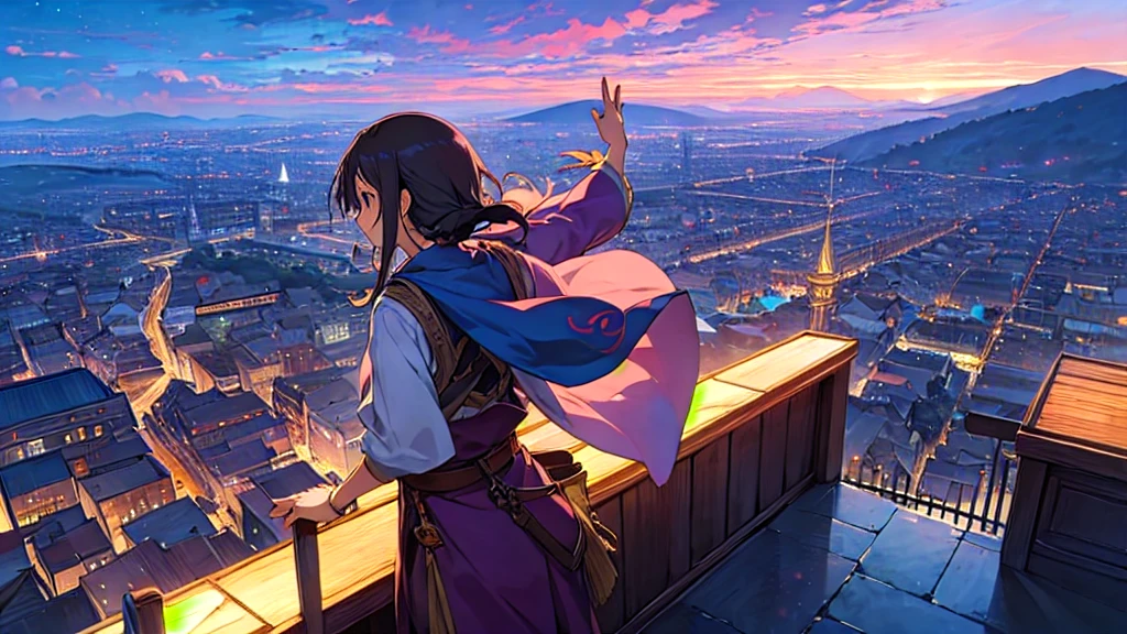 Anime Style,Nostalgic,Detailed background,Magical World,A lively bar with lots of people,Beautiful sky,Bard's Smiling Beauty Elf,guitar,Large Breasts,Healthy Thighs