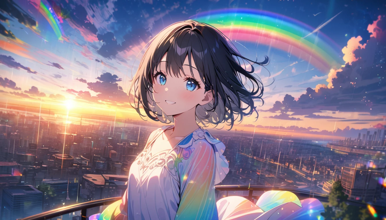 Angelic, beautiful 1girl, solo, gentle smile on her face flat chest, short hair, black hair, beautiful blue eyes, detailed woman, sunrise, rainbow, after the rain, horizon, in the sky, city , lens flare, colorful, high-res, 8K