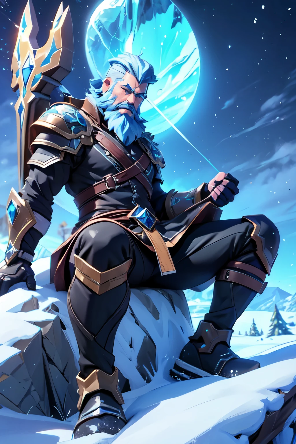 (ragnarok fortnite character), man, sitting on a rock, armor, blue Beard, snowy landscape with ice crystals. (masterpiece) defined facial details. 