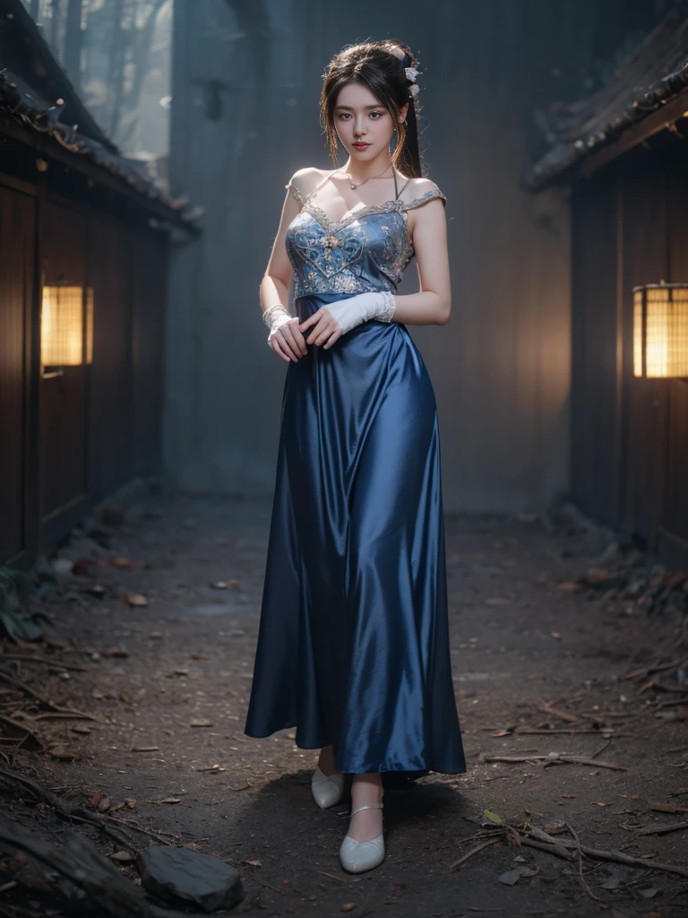 1 beautiful girl in Hanfu costume, ((dark blue thin silk nightgown with many patterns)), white lace nightgown, long platinum purple ponytail Hair, Jewelry, ear jewelry, bracelet neck and necklace, carefully drawn big purple eyes, careful makeup, Thin eyebrows, high nose, beautiful red lips, no smile, pursed lips, pink cheeks, wide chest, big chest, proportional chest, waist slim, shapely buttocks, hands wearing thin gloves, white fishnet stockings, feet wearing white shoes, Chinese hanfu style, fictional art texture, lots of realistic lighting and colors, RAW photos, real photos realistic, ultra-high quality 8k hyper-realistic photo, (effective fantasy lighting effect: 1.8), 10 x pixels, magic effect (Background): 1.8), super detailed eyes, full body portrait of girl, Chinese royal garden background, dynamic pose