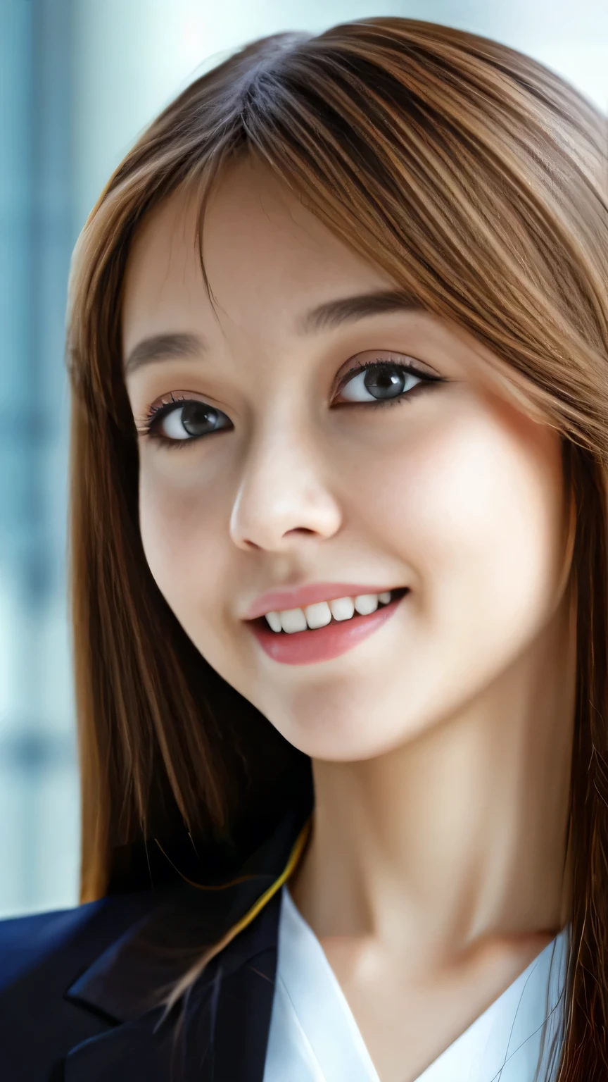 Tabletop, Highest quality, Realistic, Very detailed, In detail, High resolution, 8k wallpaper, 1 beautiful Japan woman,, Light brown long hair, Wearing a business suit, Sharp focus, Perfect dynamic composition, Beautiful attention to detail, Fine hair, Detailed and realistic skin texture, 24age、Baby Face、Big eyes、Cute little mouth、smile, Model-style makeup、Close-up portrait, Model body type