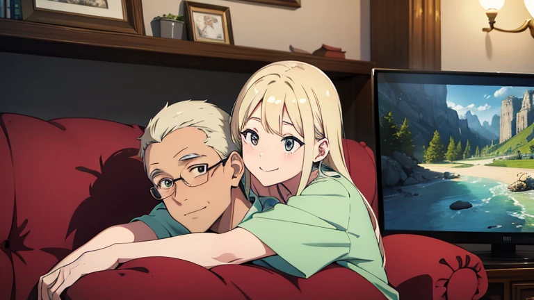 masterpiece,best quality,super detailed,super fine illustration, highly detailed, dynamic angle, beautiful detailed, 8k,BREAK an elderly couple sits on the sofa, cuddling and smiling as they watch the TV screen.