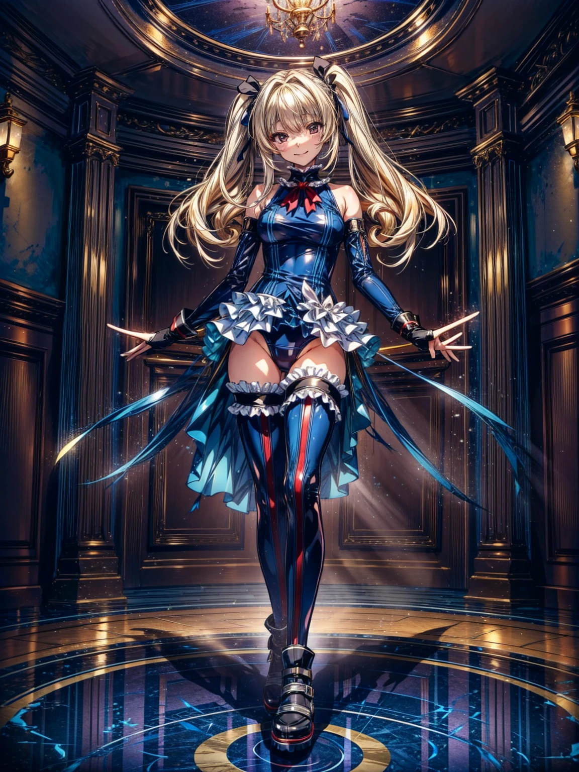 finest masterpiece, Super detailed, Highest quality, Sharp focus, 12k, ultra hi resolution picture, big ,12k,Perfect Anatomy, Highest quality, Marie Rose,Wicked Smile,Provocative attitude
,,Wicked Smile,Anime Style,(frilled swimsuit, thighhighs, detached sleeves), (Anime Style:1.4) ,
,(White fingers:1.1,Black gloves),
(Inside the base:1.6),,(full body:1.3),