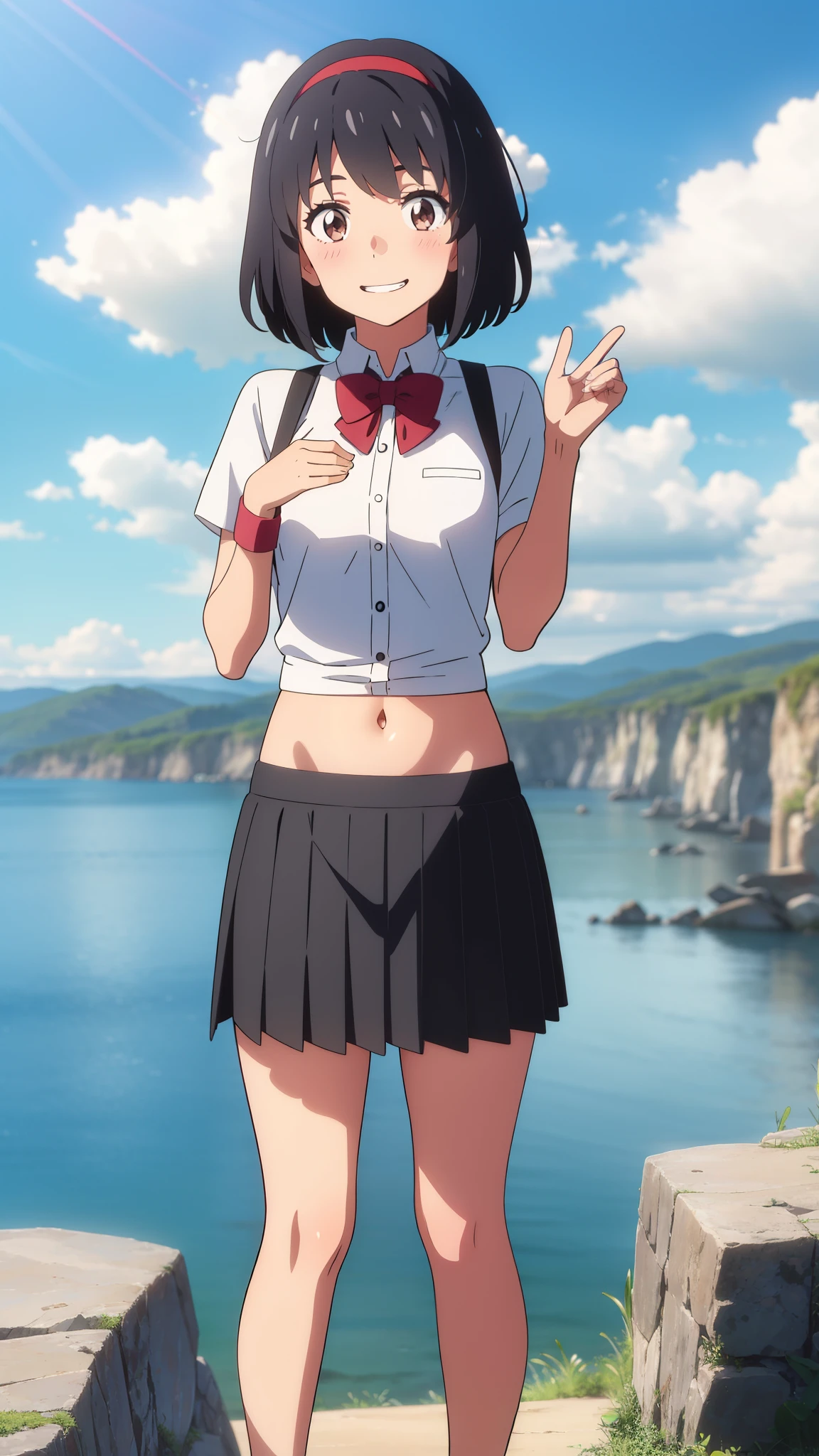 shinkai makoto, kimi no na wa., 1girl, bangs, black hair, blush, expressive eyes, brown eyes, perfect face, looking at the viewer, white shirt, exposed navel, bare shoulders, red headband, red bow, black skirt, short hair, solo, outdoors, shinny skin, smile, cute, grin, cloudy, blue sky, mountains, rocks, standing, (masterpiece), best quality