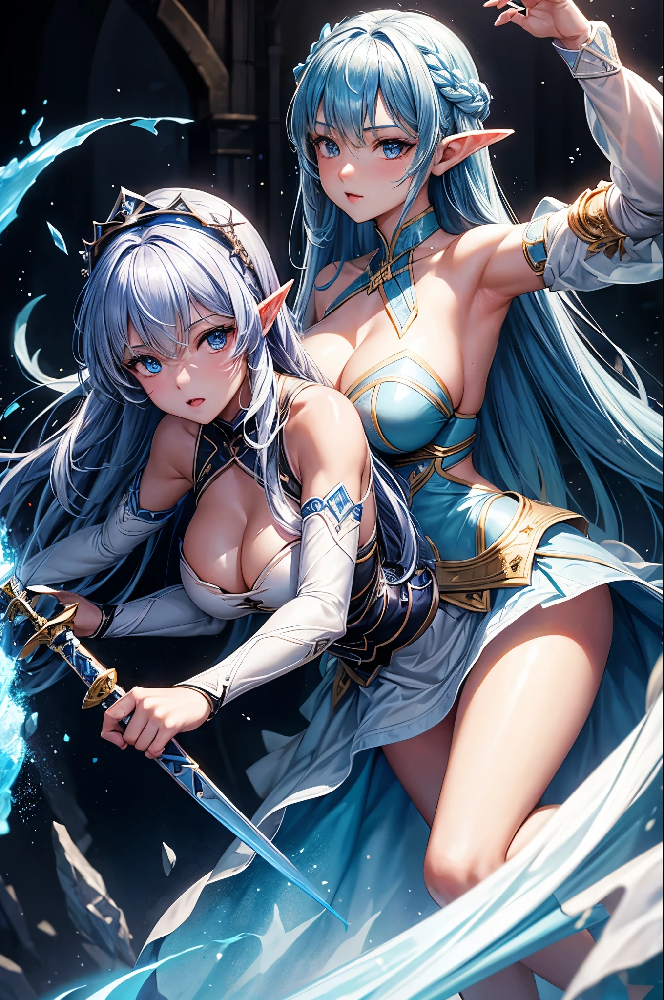 8k、A dark elf paladin in gorgeous blue and white chest armor..、Super Beauty(Realistic)、Tan Skin、Elf Ears、Model Chute Style、(非常にdetailedなCGユニティ8k壁紙)、Full body photos of the most beautiful works of art in the world、Front 4 poses、Blue Hair、Gorgeous blue and white long combat skirt、diamond、Medieval architecture、It was a hot topic on Art Station.、CG Trends、detailed、Every detail、Sharp focus、very, very big breasts、blue eyes、audience、Beautiful expression、Accentuate your cleavage、Beautiful decoration、very大きな笑顔、make、Inside the cave、Tan Skin、Beautiful Blue Hair,Rich colors、Backlight、Cinema Lighting、Film Grain、50mm lens、Nikon D850、Ultra-high resolution、Ultra-realistic、Dynamic fighting pose、In a dark dungeon、compensate,He has a light blue and silver sword,Tan Skin,very, very big breasts,Holy Knight,Russian women,Very large breasts,Blue and white long combat skirt,青と白のVery large breastsのセクシーなプレートの胸鎧(Precise flame work),