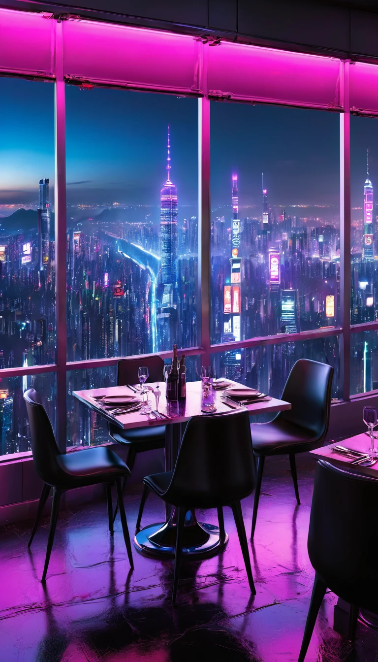 Skyscraper rooftop lunch dining cyberpunk night view neon lights big city top quality masterpiece ultra high definition