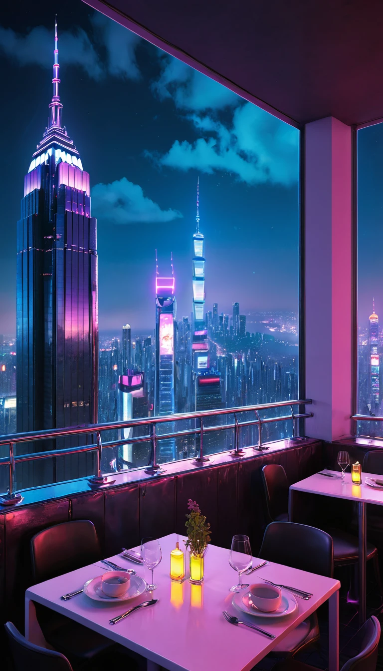 Skyscraper rooftop lunch dining cyberpunk night view neon lights big city top quality masterpiece ultra high definition