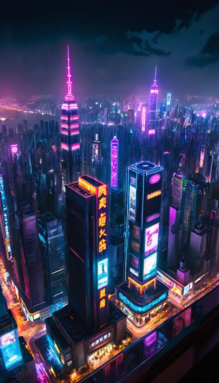 Skyscraper rooftop lunch dining cyberpunk night view neon lights big city top quality masterpiece ultra high definition