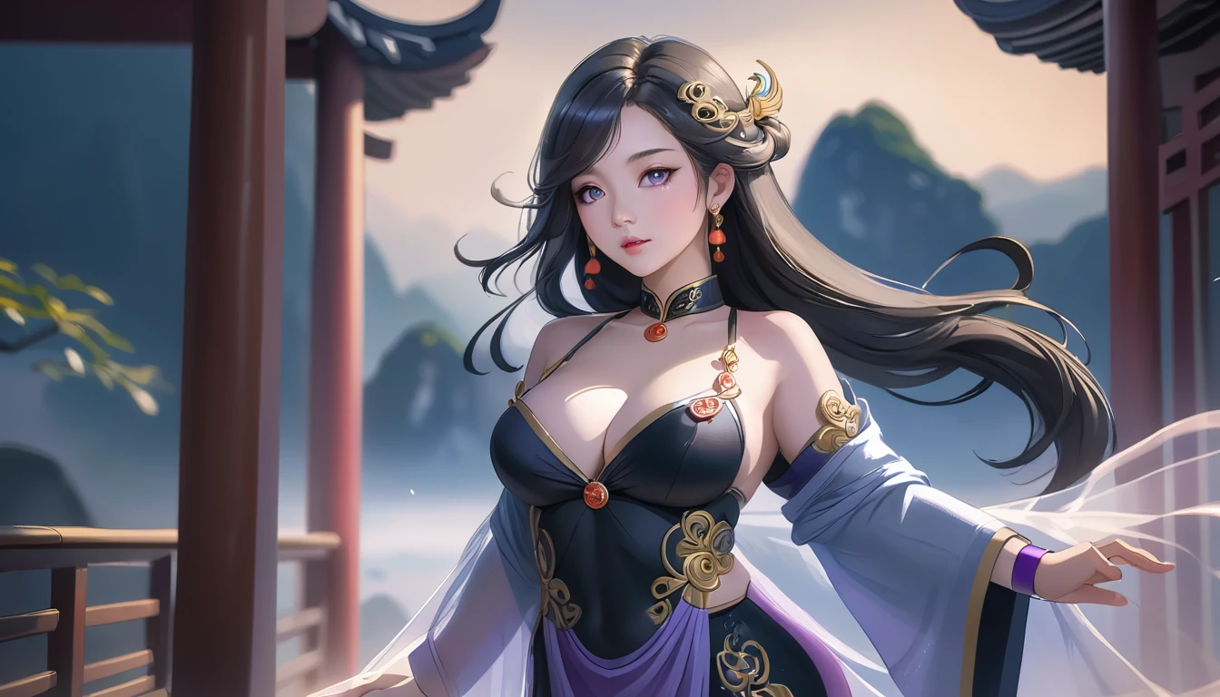 穿着华服的神明Strike a pose拍照, Ancient Mysterious Goddess, Traditional beauty woman, Beautiful female warrior god of war , Beautiful goddess, Gorgeous role-playing, high, Beautiful young girl, Beautiful woman, 华丽Beautiful woman, Complex clothing,Chinese Mystical Aesthetics, Beautiful Asian ancient mysterious girl, Extremely detailed shot of the goddess, Jaw-dropping beauty, Big breasts deep neckline sexy belly button（butt), (bedroom), (Sexy Girls), masterpiece, best quality, Bangs, blush, Chest, clavicle, Eyebrows visible through hair, (Gradient purple gold hair), Jewelry, Long hair,Bright Eyes, ring, (solitary), illustration, fashionable, miss, Strike a pose, background, element, confident, Express, Accessories, majestic, striking, key point, Dynamic poses, ((plump)), (black))Woman in transparent dress,Viewer,(((Full breasts, Keeley University))),Slim waist,(Navel exposed,Bare waist), Long hair, extreme detailed details, Detailed fantasy art, Stunning character art, Beautiful and exquisite character art, Beautiful transparent dress, Very detailed, Large Breasts，饱满Chest，Golden ratio figure，Perfect body，Ultra wide-angle shooting，Full body shot拍摄，Body close-up，Full body shot，Wearing a pleated tulle skirt，柔和动漫illustration, 柔和的深色background，Fujifilm XT3 Clear focus, f 5.6, High Detail, Clear focus,(Wearing openwork clothing),, (Natural light), (Tempting)translucent, Good velvet quality, Compared, Divine Light,, Silver hair, 天空background, Absolute Strength,Female Shinmei，穿着性感丝绸的Female Shinmei,，Large Breasts，饱满Chest，Golden ratio figure，Perfect body，Ultra wide-angle shooting，Full body shot，Body close-up，Full body shot， Wearing a tulle dress, Model shooting style, Large Breasts，饱满Chest，Golden ratio figure，Perfect body，(Extremely detailed CG 8k wallpaper unit), The most beautiful artistic photos in the world, , 8K Ultra HD, ) on the beach，Lazy gesture，Charming and seductive expression，best quality,masterpiece,Ultra-high resolution,(Practical:1.4),original photo,Ultra-high resolution