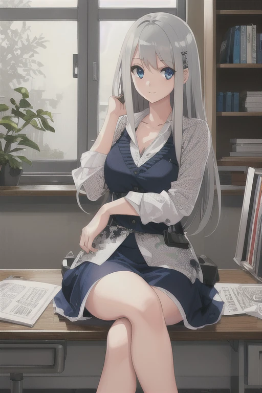 (((Best quality))), ((Ultra-detailed)), ((illustration)), ((Disheveled hair)), ((frilld)), (1 girl), (Solo), crossed_legs, desk, foot_focus, foreshortening, from_below, hand_on_own_face, head_rest, looking_at_viewer, on_desk, sitting, sitting_on_desk, tile_floor, rating:safe,,gray_hair,blue_eyes,