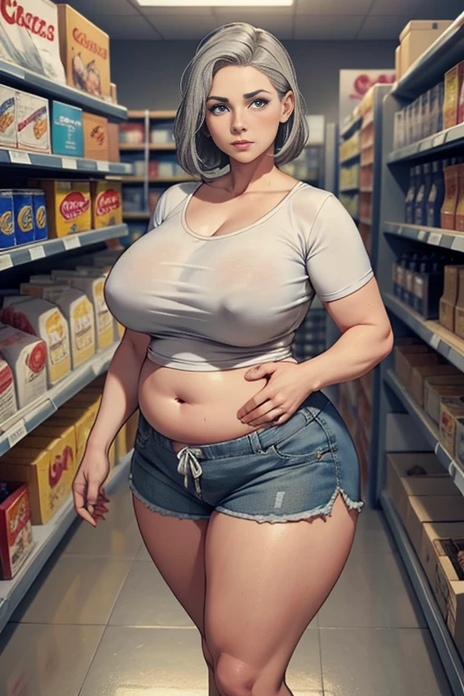 a mature woman, 40-year-old woman, gray hair, short to her shoulders, blue eyes, thin lips, round face, mature woman's face, large breasts wearing a light gray cotton t-shirt ((with neckline)),((belly appearing)), tight shorts, wearing red sneakers with short socks, ((chubby, chubby woman)), supermarket aisle scene, canned goods aisle, looking at viewer, naive look