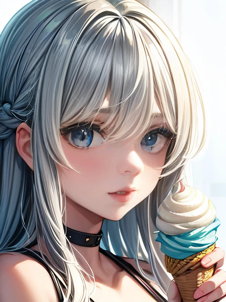 Close-up of a person holding a large ice cream cone, masterpiece, pretty girl, Wavy silver-haired woman, bangs, Bright Blue Eyes, Red lips, Gentle green dress,