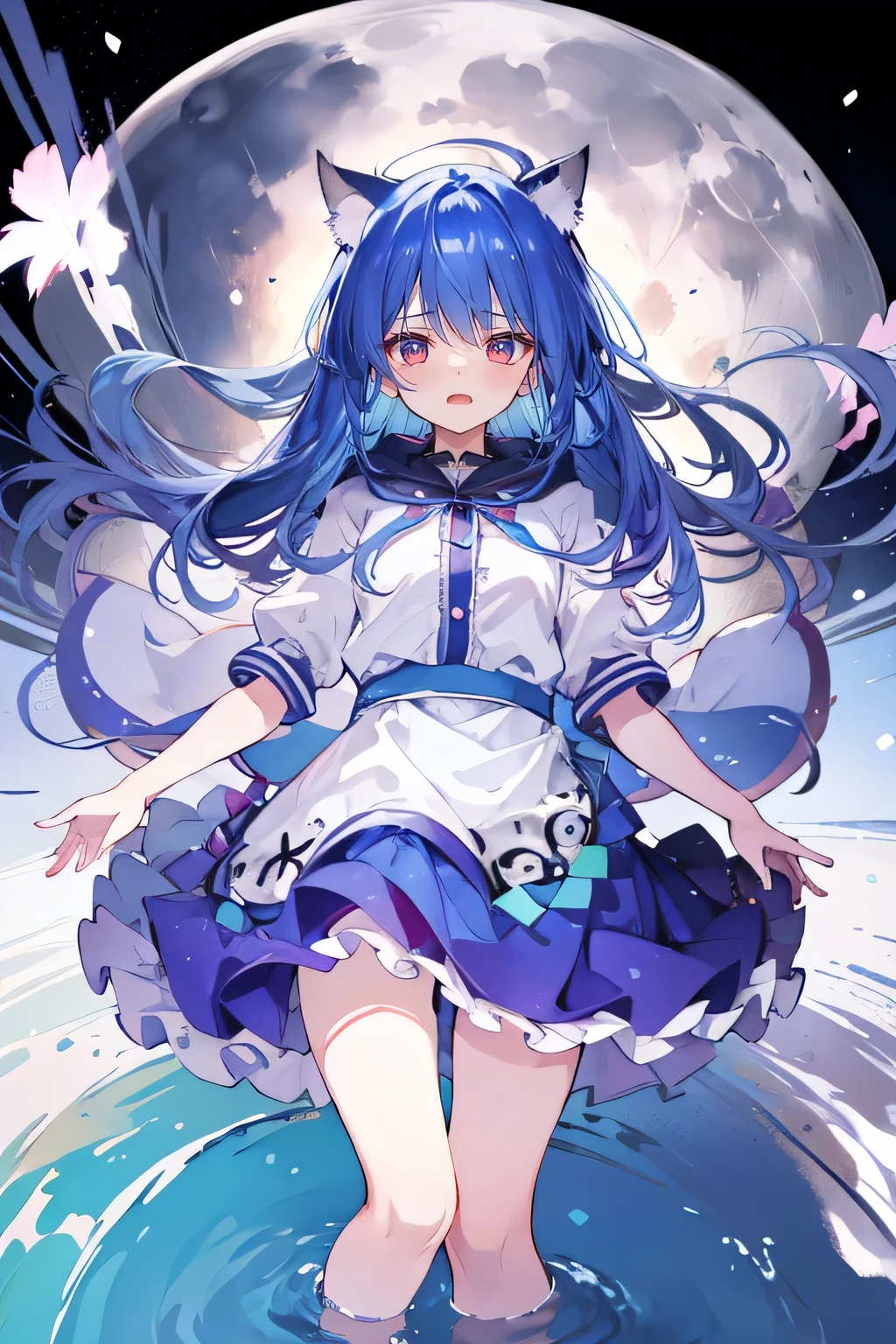 (masterpiece:1.2),Super detailed,lifelike,Expressive eyes,fair skin,perfect face shape,1 girl,
Japanese comics,Gorgeous blue hair,flowing blue hair,flowing clothes,Cat ears,Petals fall,beautiful lola,Baby Angel,
Shaking head with one hand,Cross your legs,Gentle and peaceful background,The pavilion is cool and comfortable,smile, wearing hoodie, background of tokyo,back views,snowing, winter,lie on the water,Reflection on the surface of the water,Full moon night。