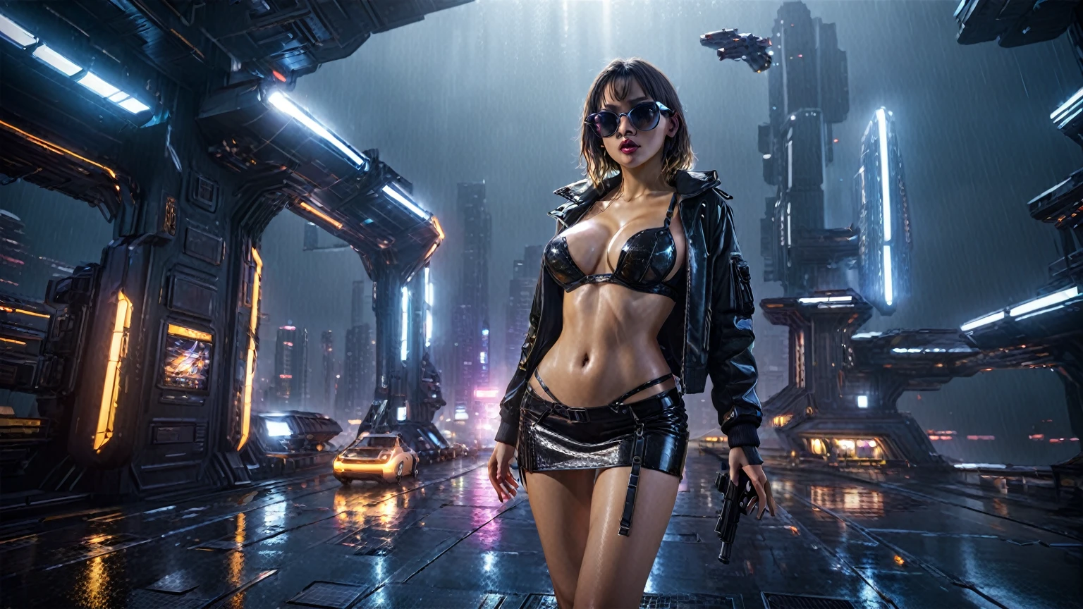 (((aerial view))), Blade Runner style futuristic space station platform, flying cars, neon lights, rainy night. (1girl, solo, alone), large-breast:1.2 slim body, cleavage:1.1, sexy laced lingerie, very low angle view miniskirt, jacket, (black sunglasses), (((she raised a pistol:1.8 and shot the viewer))), dynamic pose, (((half-body thigh level medium shot))), cinematic lighting, lens flare, ray tracing.