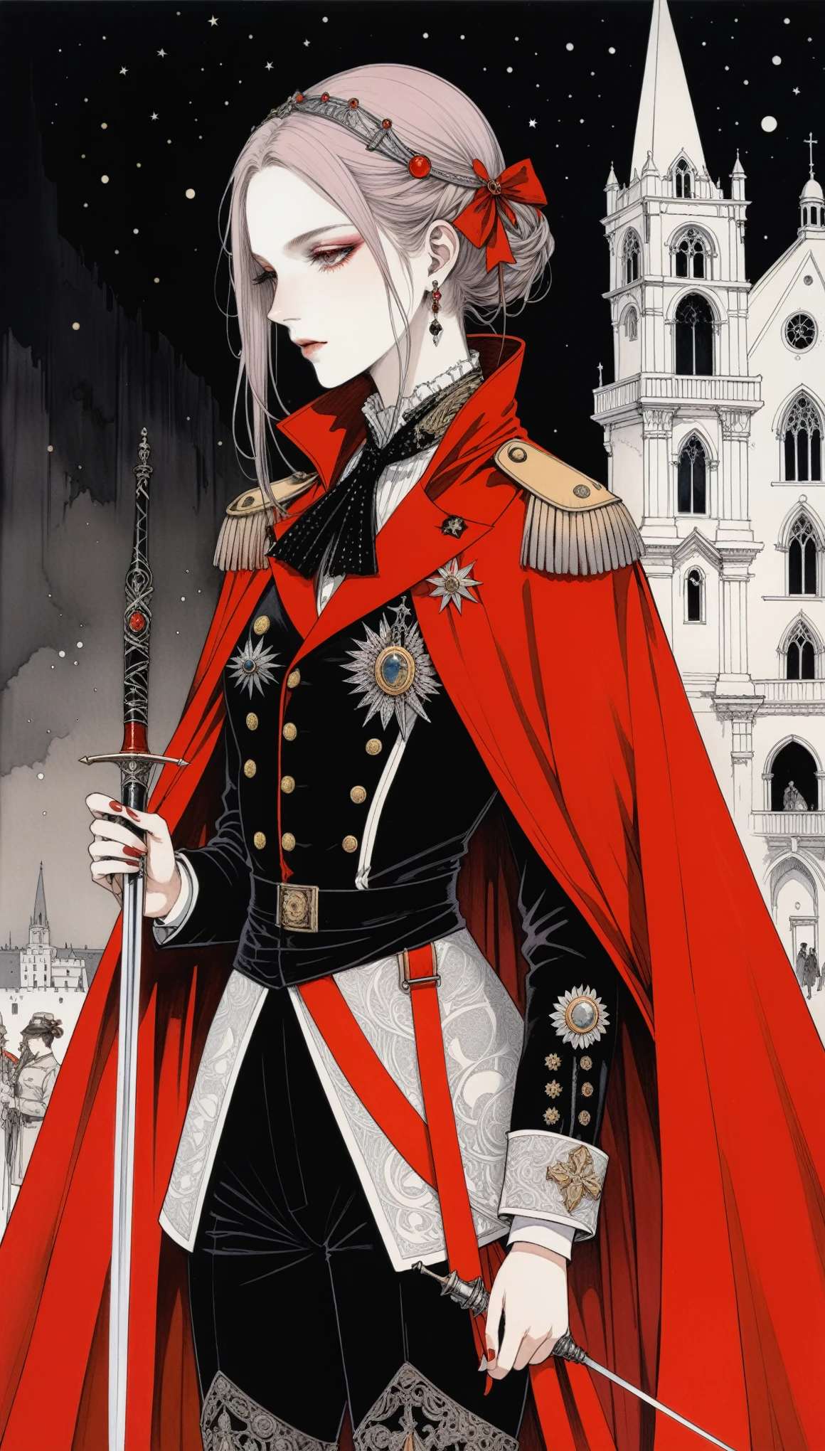 (in style of Harry Clarke:0.5),in style of Santiago Caruso,
1girl,holding a fancy rapier in his hand,military uniforms,neckwear_request,red general's cape,ribbon,