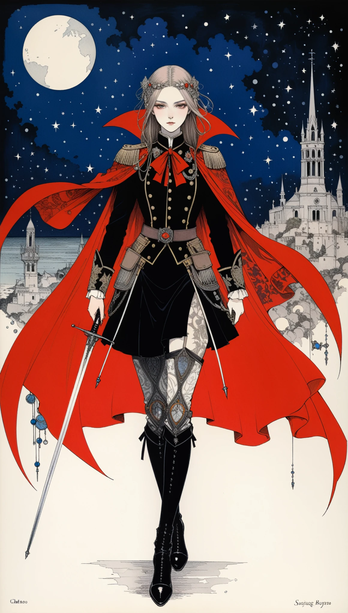 (in style of Harry Clarke:0.5),in style of Santiago Caruso,
1girl,holding a fancy rapier in his hand,military uniforms,neckwear_request,red general's cape,ribbon,wilderness battlefield,imposing female generals,(insanely detailed and intricate, hypermaximalist, elegant, ornate, hyper realistic, super detailed)