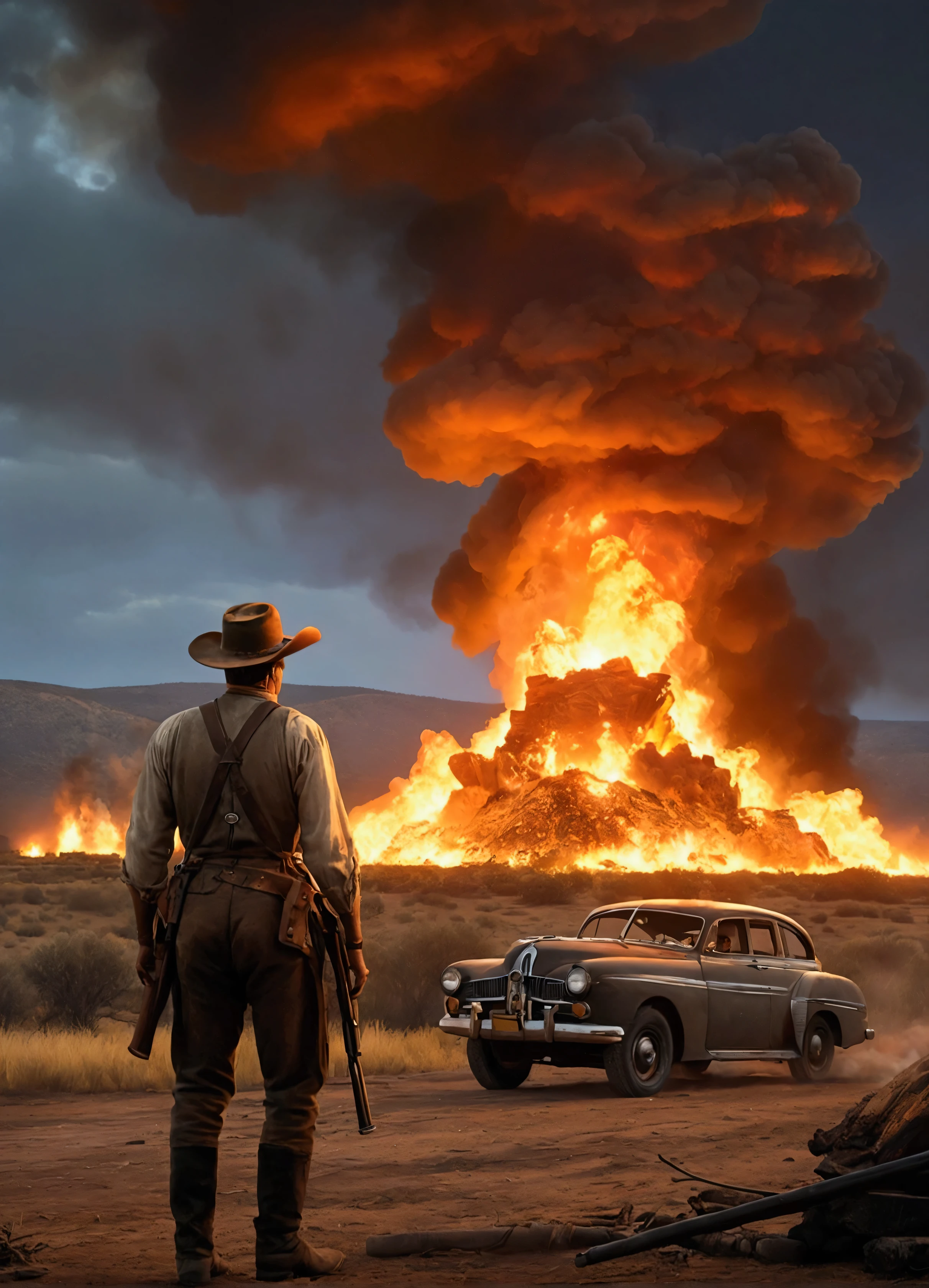 (Ultra-photorealism, Turns, Spectacular cinematic landscapes), (The battlefield after the war, Late 20th. century) (Gunsmoke fills,It is like the last few days,deserted,Fire glow), (Turns, lot of details, great lighting, breathtaking surroundings), (colorful, Ultra-photorealism, good quality, muito detalhado, keen focus, 8K UHD, ultra-realistic realism)