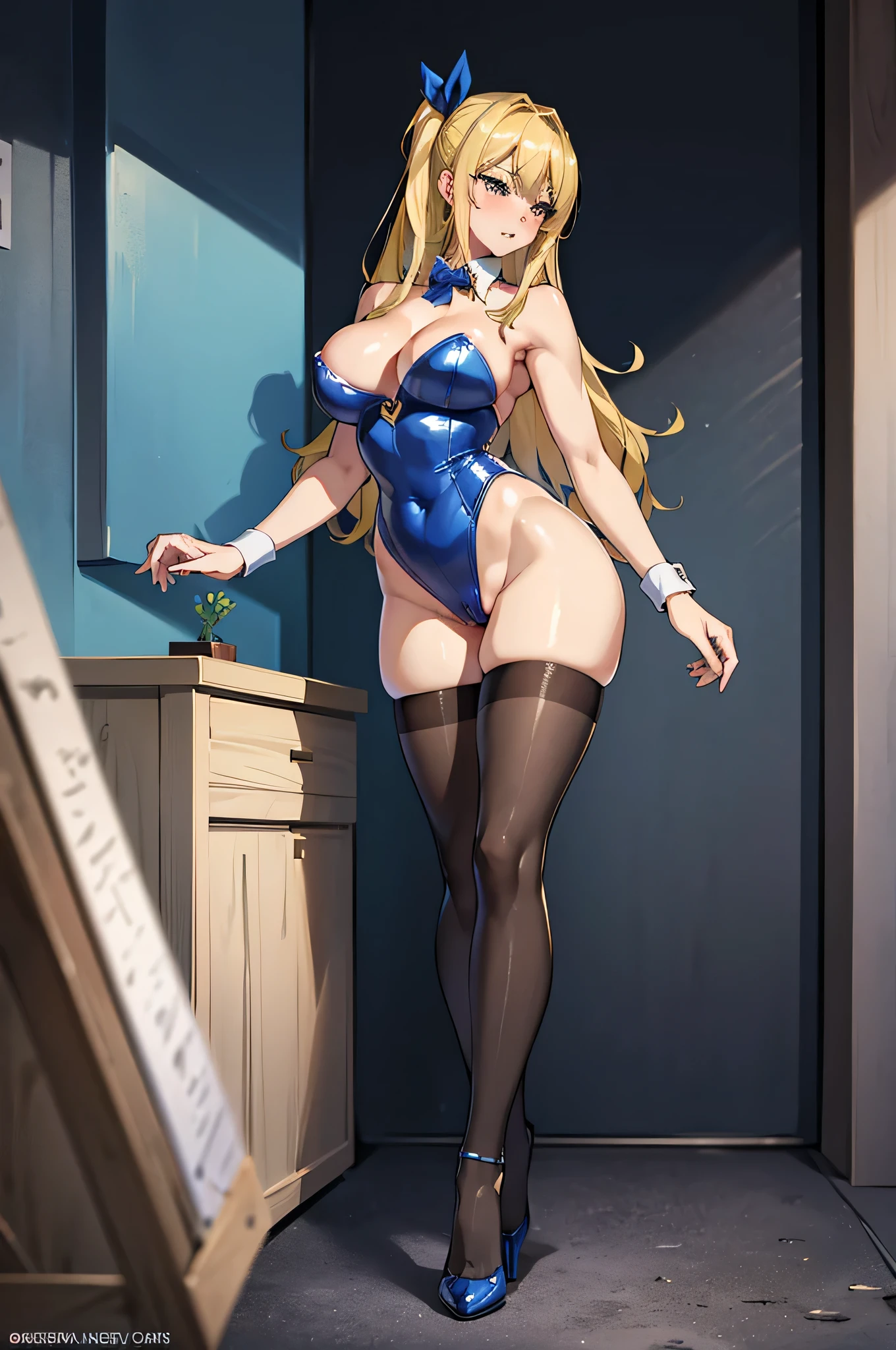 (masterpiece, Highest quality, High resolution,Masseter muscle area,8k),(Perfect Anatomy,Perfect Proportions), Lucy Heartfilia, Blonde, Long Hair, Large Breasts,Big Breasts,Beautiful feet,whole body,alone,Mature Woman,(leotard,Playboy Bunny,High heels,pantyhose),nsfw,spread pussy, show off nipple,sexly,porn