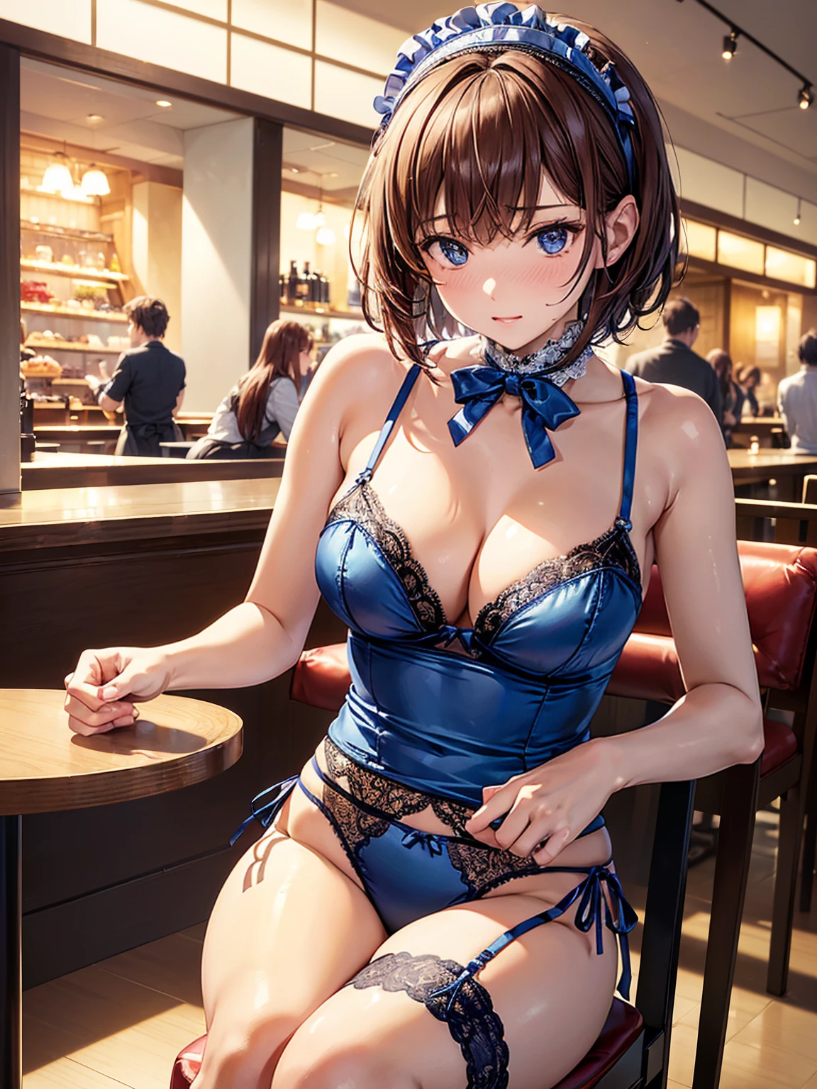 (((masterpiece, Highest quality, High resolution, 超High resolution, Perfect Pixel, Depth of written boundary, 4K, RTTX 10.0))), Beautiful Anime Woman, Beautiful art style, Anime characters, ((Smooth texture, Realistic texture, Anime CG Style)), Perfect and accurate finger count、Exact number of legs、(Exact number of arms:1.0, Exact number of hands:1.0), (Perfect hands, Perfect Anatomy), Cinematic, Realistic, Extremely detailed CG, Daytime lighting, Perfect lighting, Best Shadow, The best natural light, whole body, Perfect body, バランのとれたPerfect body, Perfectly balanced style, Slender body, ((bangs, Reddish brown hair, Bobcut)), ((A pretty adult woman is taking orders at a restaurant:1.8)), ((Bow tie around neck:1.3), (Sexy and cute blue underwear:1.3), (Stylish shiny blue satin panties, Side-tie panties, Panties with plain blue center and lace decoration on the sides:1.3), (Thin panties:1.3), (Blue micro lace satin bra, Blue bra with lace trim around the edges, Thin bra:1.3), (lace garter belt, Garter Strings, Knee socks:1.3):1.3), (Beautiful big , Cleavage:1.1), (Embarrassed expression:1.7), blush, (Stylish restaurant, Many visitors in the background, Inside the crowded store, Tables and chairs filled with male customers, Many men sitting at tables and chairs, The attention men are giving her:1.7), naked, In underwear, パンティとブラとガーターベルトとKnee socksだけ, (Maid's headband:1.1), Angle from the front