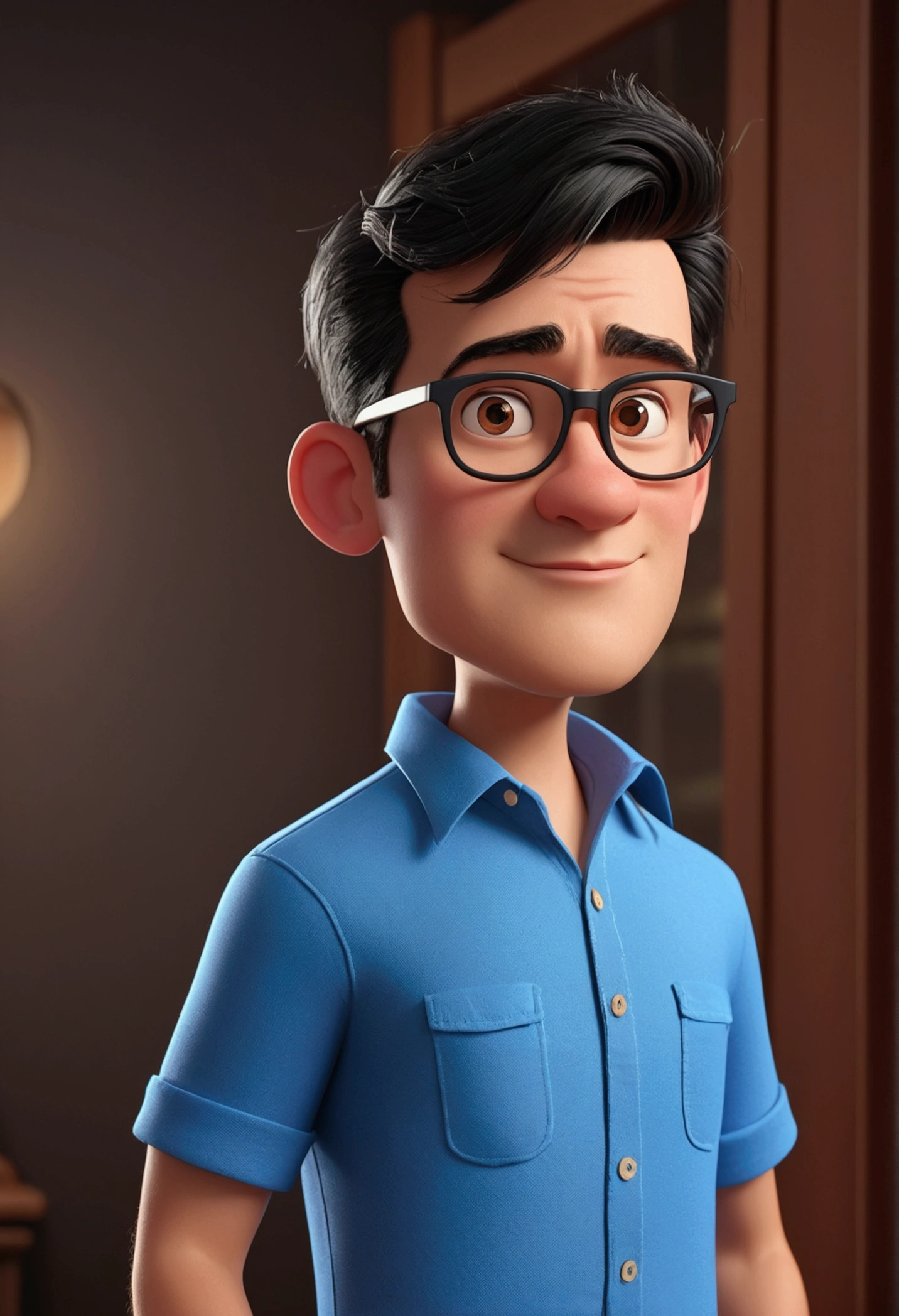 Cartoon character of a man in black glasses and blue shirt, animation character, stylized character, animation style rendering, 3d stylized, Arnold Maya rendering, Stylized 3D rendering, toon render screenshot, 3d character, 3d character, Stylized 3D rendering, 3D character rendering, cartoon character, Personagem de close up, character posing, (Pixar-style) (master part:1.2) (bokeh) (best qualityer) (skin detailed) (detailed texture) (8k) (Argilla) (cinematic lighting) (sharp focus
