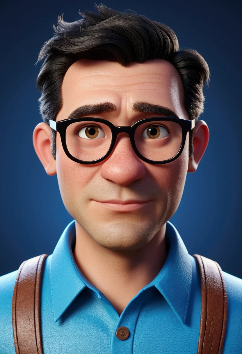 Cartoon character of a man in black glasses and blue shirt, animation character, stylized character, animation style rendering, 3d stylized, Arnold Maya rendering, Stylized 3D rendering, toon render screenshot, 3d character, 3d character, Stylized 3D rendering, 3D character rendering, cartoon character, Personagem de close up, character posing,  (Pixar-style) (master part:1.2) (bokeh) (best qualityer) (skin detailed) (detailed texture) (8k) (Argilla) (cinematic lighting) (sharp focus