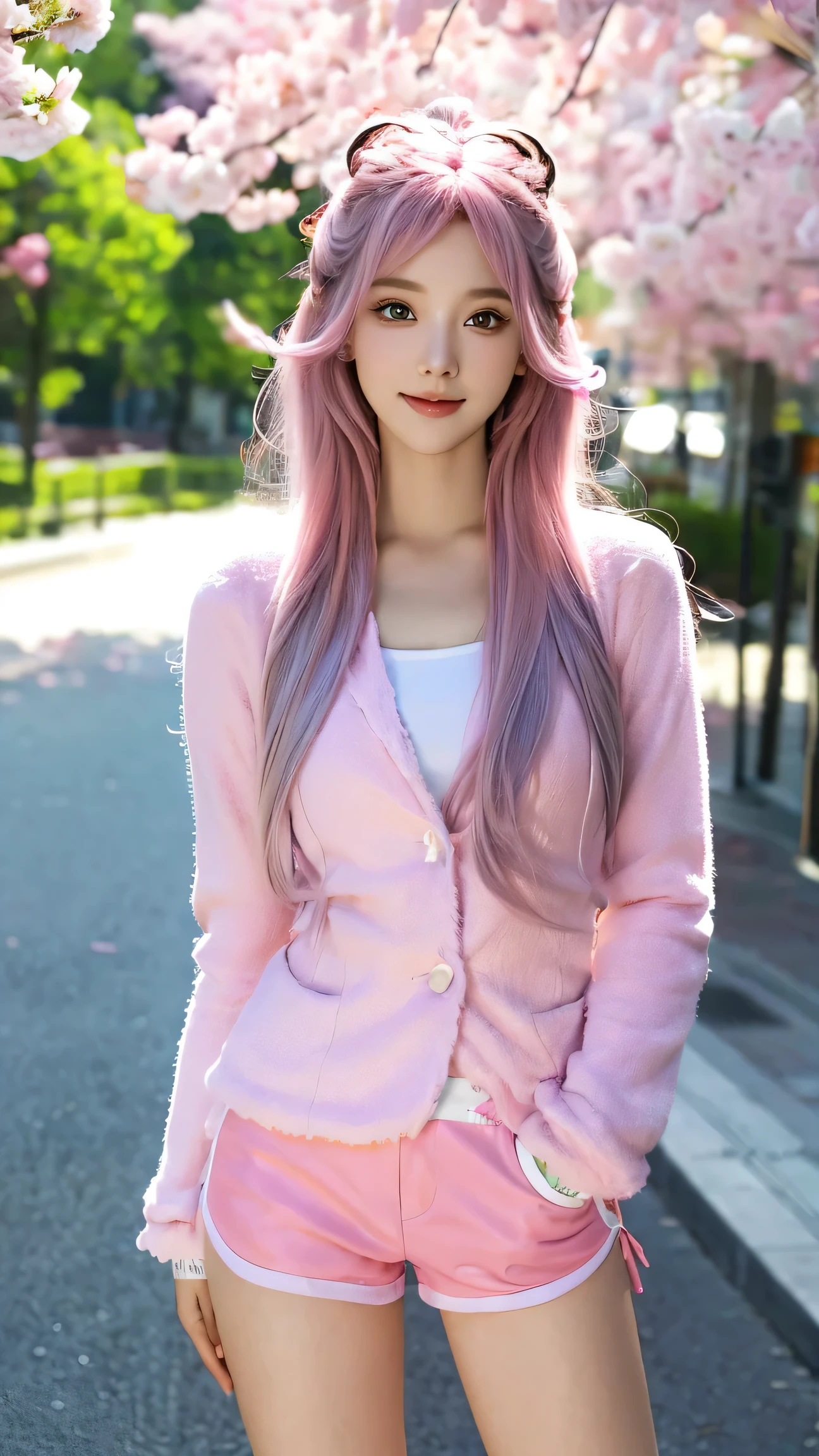 Fluffy hair，Flowing long hair，（Extra long hair），Shiny pink hair，Shiny hair，1 girl，Alone，blue eyes，（Pink hair），Pink hair，Looking at the audience，Smile，Makeup face print，thigh，Light-colored shorts，Black long-sleeved coat，outdoor，whole body（（masterpiece）），（（best quality））），（（Ultra Detailed）），（（illustration）），（solo），（（Sing）），（leaning_forward：1.2），（arms_behind_back），（（extremely_detailed_eyes_and_face）），Colorful，Ray Tracing，cherry_blossoms，petal，Flying Notes，4K，8k，Fine details，Ultra-high resolution