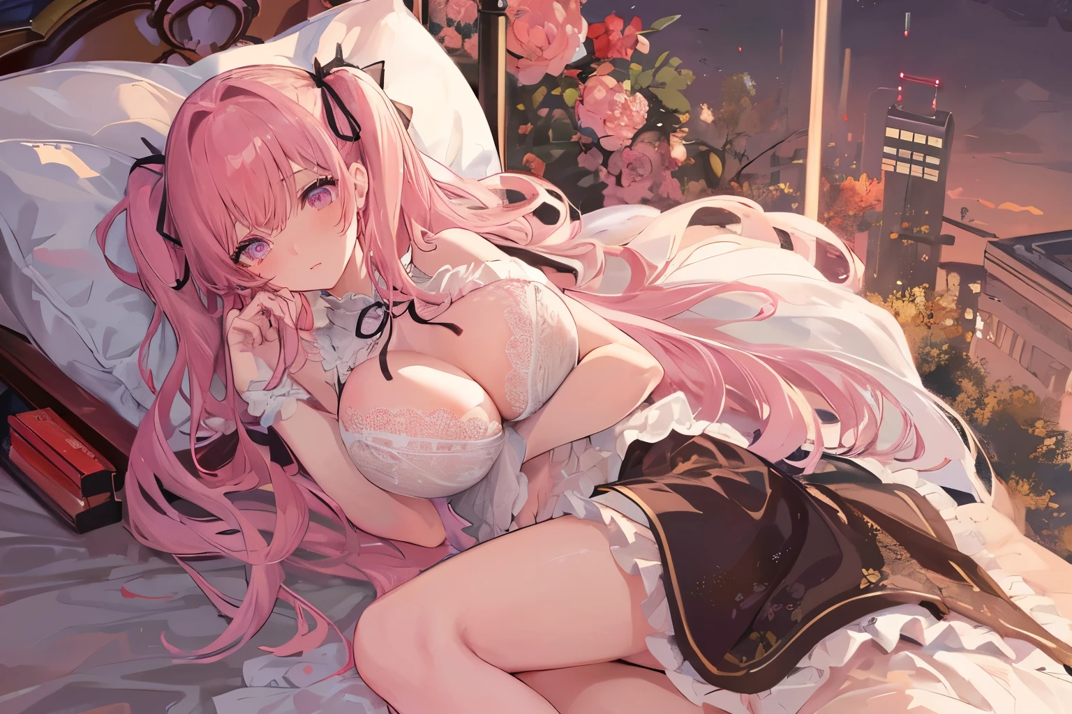 ((Mastepiece)), ((Best Quality)), (((Slender girl))), (Very detailed),(Shooting from below),((cute)), ((Very detailedな顔)), 4K, (8k), Highest quality, (beautiful), ((Huge breasts:1.4)), ((Big Breasts)),((Pink Long Twin Tail)), (((Lace Lingerie,See-through,ribbon))), ((Lace Stockings)),(((Lying in bed:1.3))),((Perfect body)),blush、Captivating body,Embarrassing、Embarrassed、White Breath