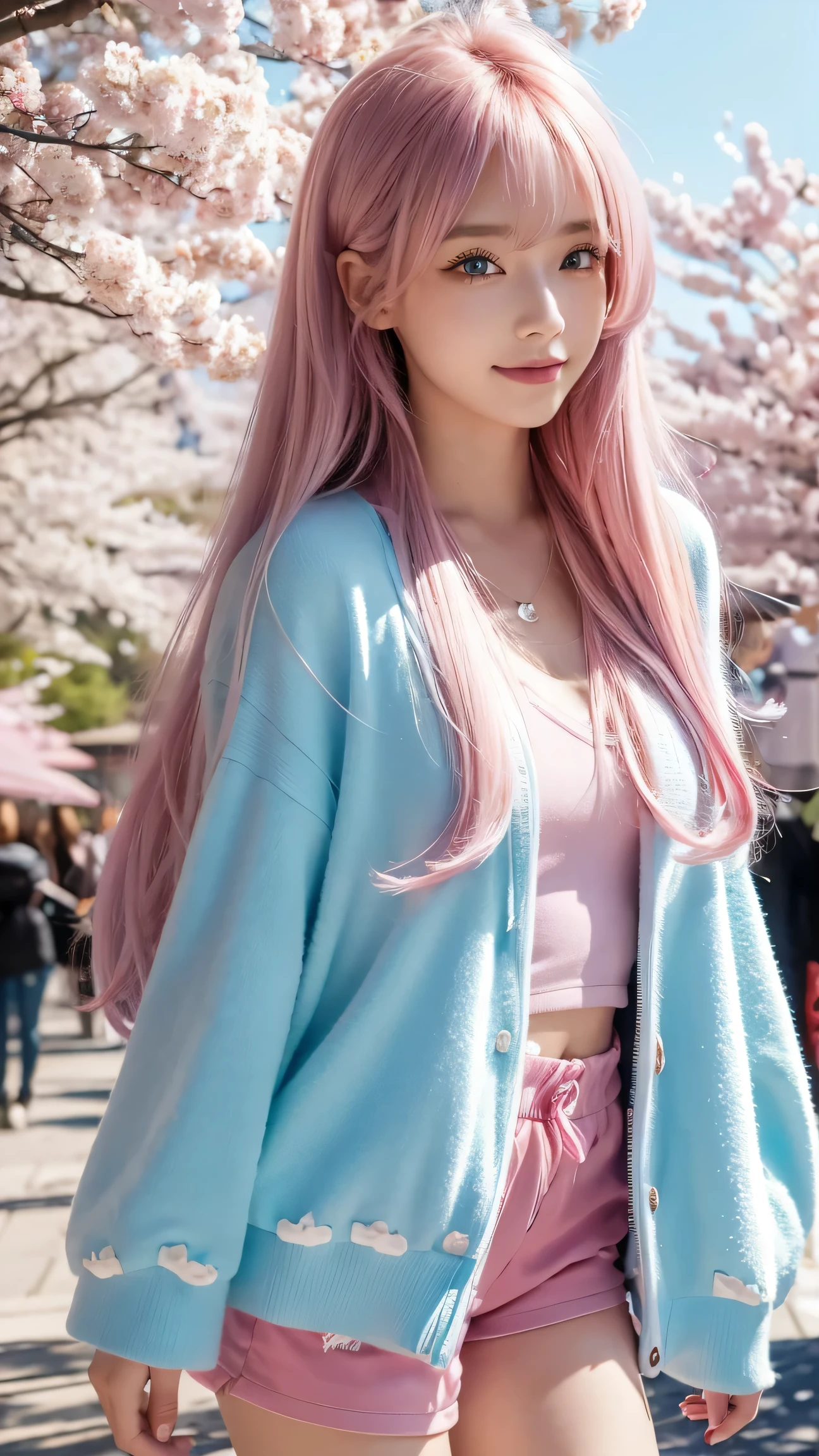 Fluffy hair，Flowing long hair，（Extra long hair），Shiny pink hair，Shiny hair，1 girl，Alone，blue eyes，（Pink hair），Pink hair，Looking at the audience，Smile，Makeup face print，thigh，Light-colored shorts，Black long-sleeved coat，outdoor，whole body（（masterpiece）），（（best quality））），（（Ultra Detailed）），（（illustration）），（solo），（（Sing）），（leaning_forward：1.2），（arms_behind_back），（（extremely_detailed_eyes_and_face）），Colorful，Ray Tracing，cherry_blossoms，petal，Flying Notes，4K，8k，Fine details，Ultra-high resolution