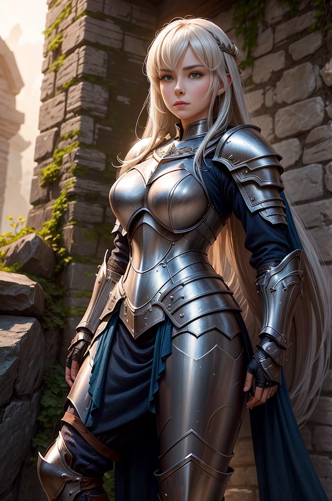 a woman in armor in front of a stone wall, concept art by Yang J, cgsociety contest winner, Fantasyart, girl in armor, beautiful female paladin, of a beautiful female rider, beautiful female rider, female rider, fantasy paladin woman, girl in knight armor, Dazzling Armor, 2. 5 d cgi anime Fantasyartwork