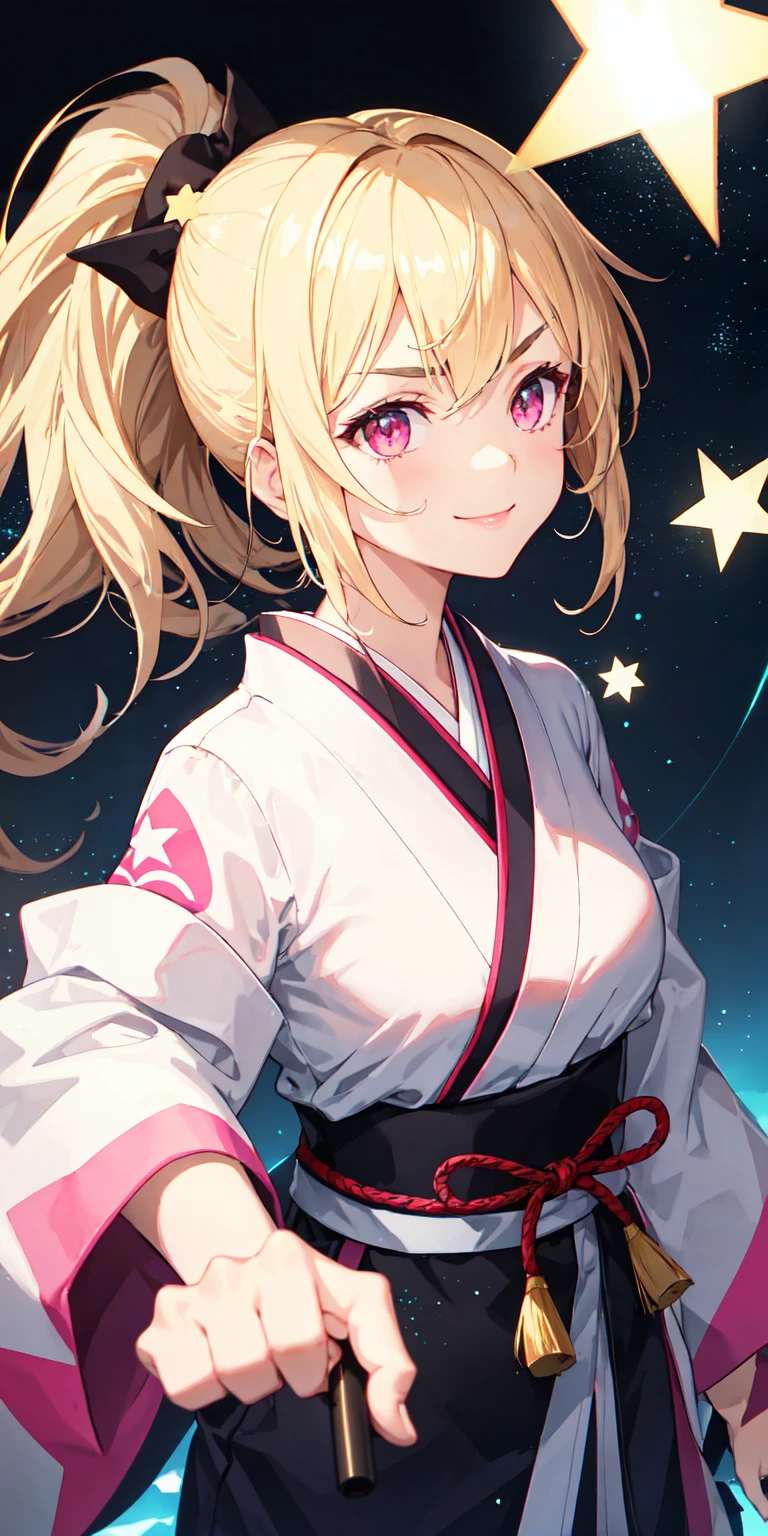 colorful, 1girl, smile, v-shaped eyebrows, blonde hair, wild ponytail haircut, pink eyes, fist in hand, white stars, glow, glowing weapon, light particles, japanese , wallpaper, chromatic aberration,