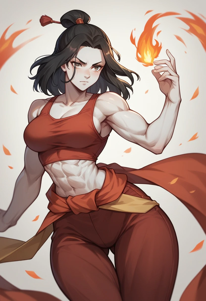 1 girl, long black hair, beautiful, white skin, wide shoulders, thin waist, medium breasts, defined thighs, thin, defined lean muscles, wide hips, medium ass, avatar style, dark red tank top from the fire nation (avatar), dark red leg pants fire nation (avatar).