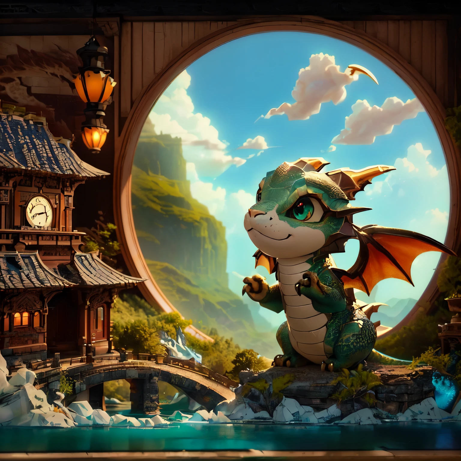 There is a dragon statue in front of the window with the clock., fantasy matte painting,cute, cute detailed digital art, Adorable digital painting, cute little dragon, Highly detailed digital art in 4K, Detailed digital 3D art, 4K Detailed Digital Art, cute 3 d render, newly hatched dragon, Trend with poly count, 8K high quality, detailed art