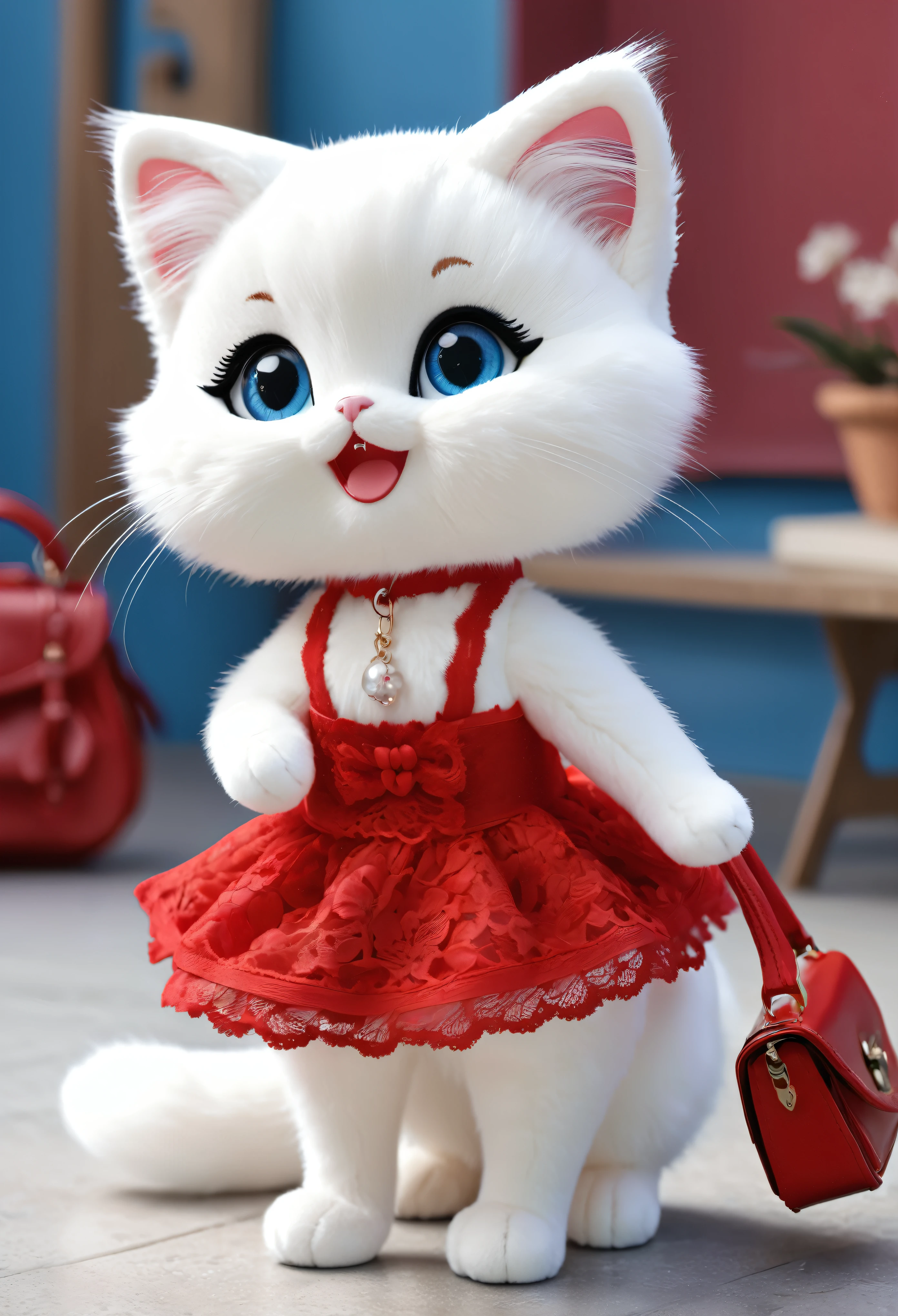 plush cat, white fur, like an ermine, stands on its hind legs, in a red lace dress, red shoes, red bag, blue doll eyes with large eyelashes, smiles with its mouth open, speaks, moves its paws, spread to the sides, 3d style, 8k , 4k, HD, clean background, chibi style,
 I always have sweet cats and cats, animals