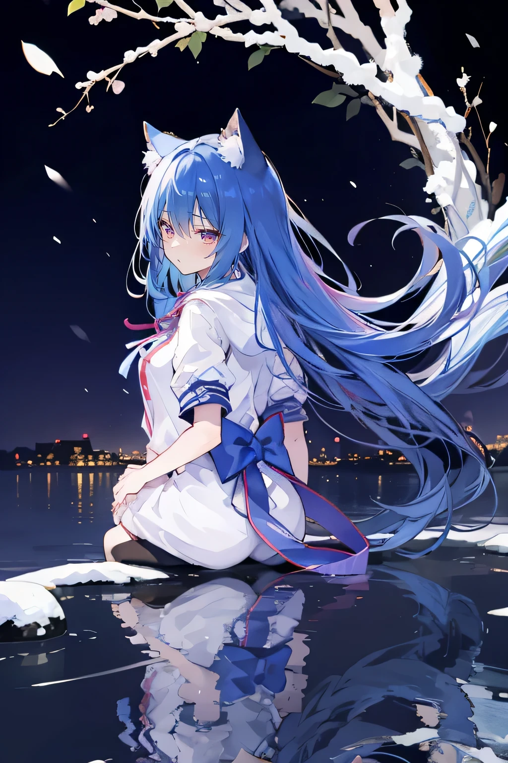 (masterpiece:1.2),Super detailed,lifelike,Expressive eyes,fair skin,perfect face shape,1 girl,
Japanese comics,Gorgeous blue hair,flowing blue hair,flowing clothes,Cat ears,Petals fall,beautiful lola,Baby Angel,
Shaking head with one hand,Cross your legs,Gentle and peaceful background,The pavilion is cool and comfortable,smile, wearing hoodie, background of tokyo,back views,snowing, winter,lie on the water,Reflection on the surface of the water,Full moon night。