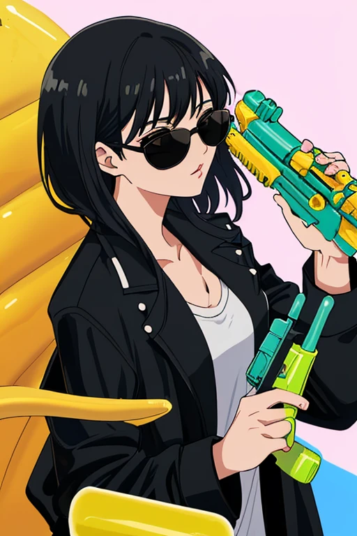 holding watergun,black hair,sunglasses,black jacket,