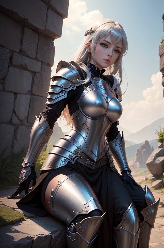 a woman in armor in front of a stone wall, girl in armor, beautiful female paladin, of a beautiful female rider, beautiful female rider, female rider, fantasy paladin woman, 由杨J, girl in knight armor, Dazzling Armor, 2. anime fantasy art 5 d cgi, 极其详细的Artgerm, pale black armor, beautiful armor, fantasy warrior