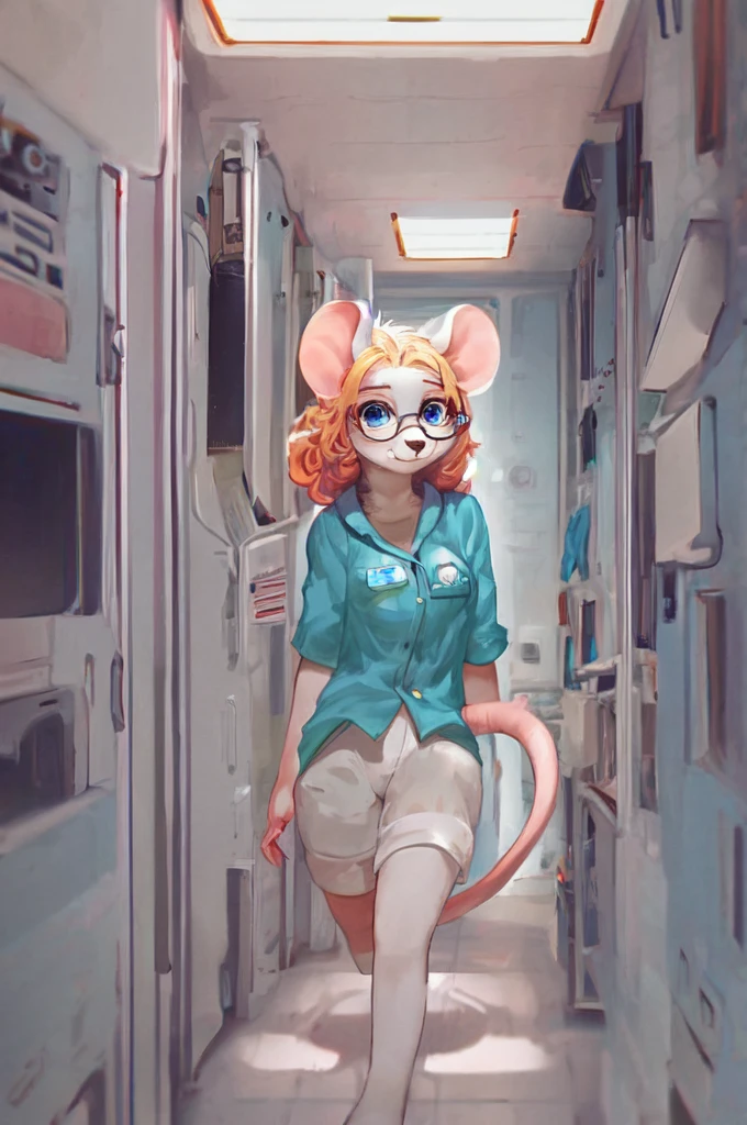 score_9, score_8_up, score_7_up,score_6_up,score_5_up, solo, furry, anthro, female, mouse, blue-green scrubs, white fur, yellow curly hair, glasses, freckles, looking at you, smiling, hospital hallway, radiologist, blue eyes, anime style, scrubs, medical scrubs