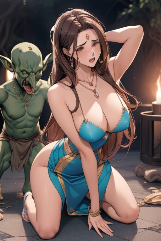 (masterpiece, Highest quality), Mature Woman,23 years old, Brown Hair, Long Hair, (Mature Woman魔法使い1人,Age 25,Place your arms behind your head,Gorgeous Wizard Dress), (A female wizard surrounded by three male goblins),A violent goblin in heat,Outdoor,(weak々Kneeling deeply,Surrender), (Are crying,anger:1.2), (Gorgeous Necklace,jewelry, bracelet)